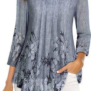 Women's 3/4 Sleeve Flowy Top Casual Loose Fit Floral Blouse Pleated Layer XXL